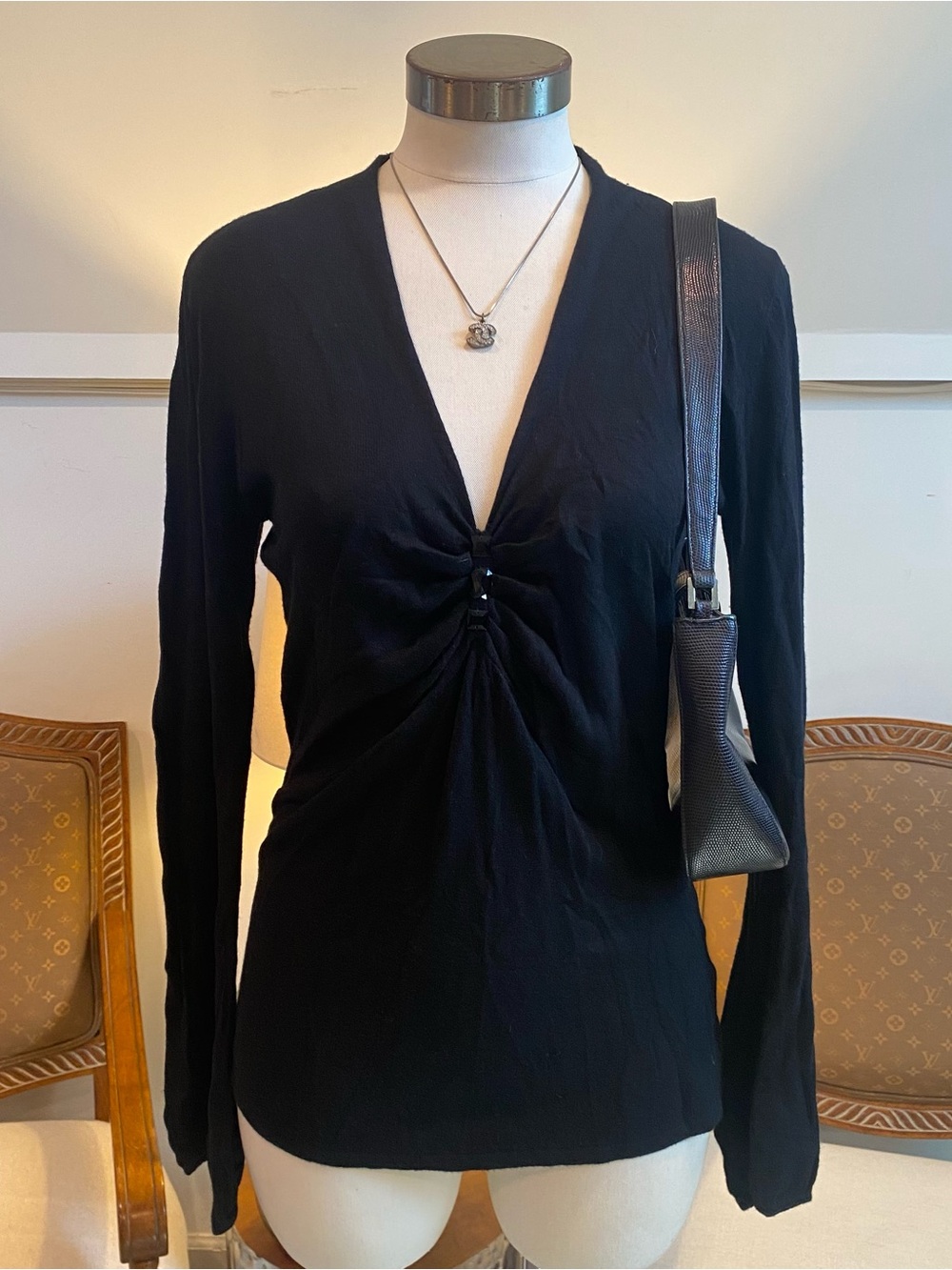 Vintage Y2K Black Ruched V-Neck Long Sleeve Top Viscose-Blend Whimsygoth Basic L